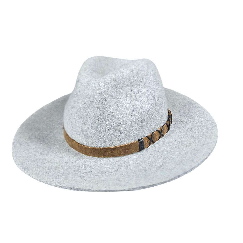 Pistil Soho Hat Womens OSFM Wool Felt Dove Gray‎ Wide Brim Leather Band Cross